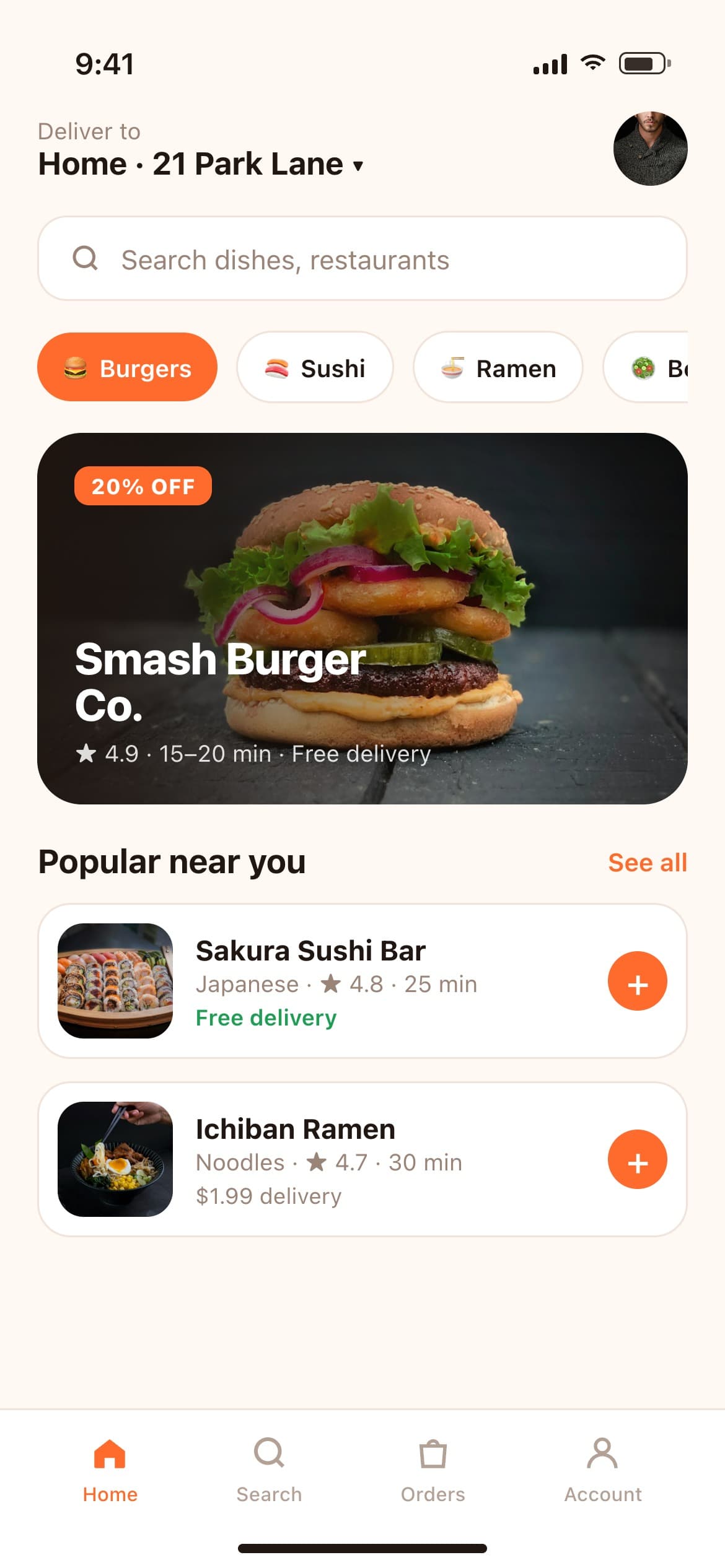 Food delivery app screen with restaurant offers