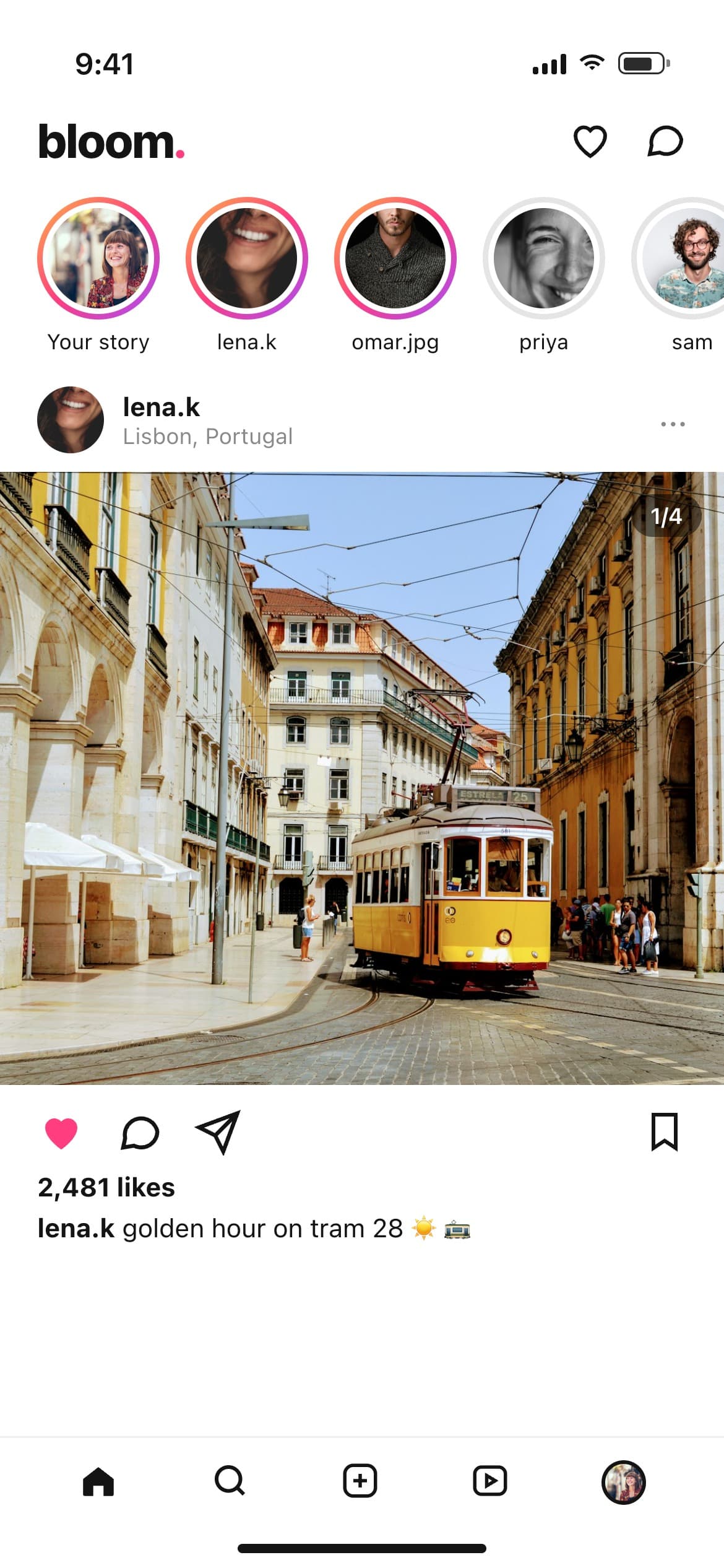 Photo sharing app screen with stories and a feed post