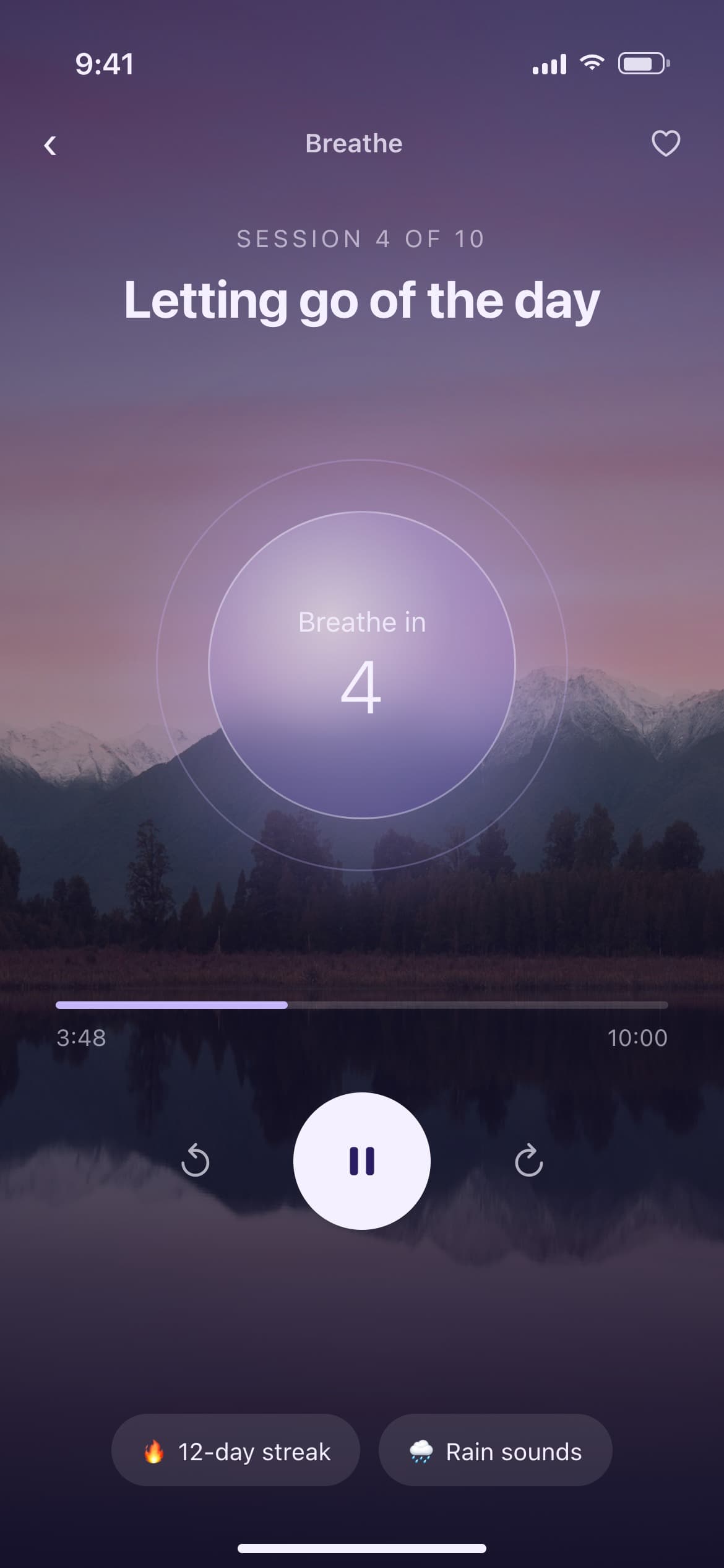Meditation app screen with a breathing exercise