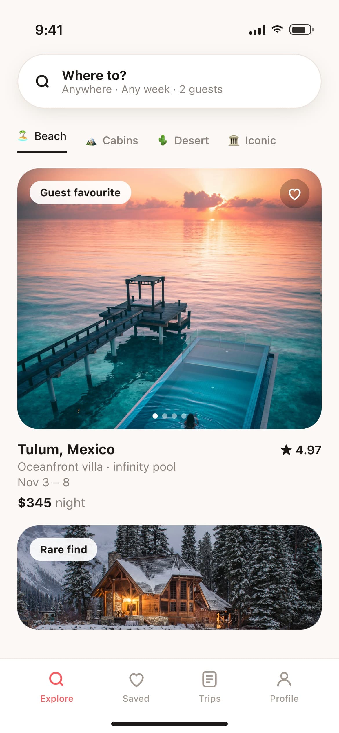 Holiday stays app screen with a beach villa listing
