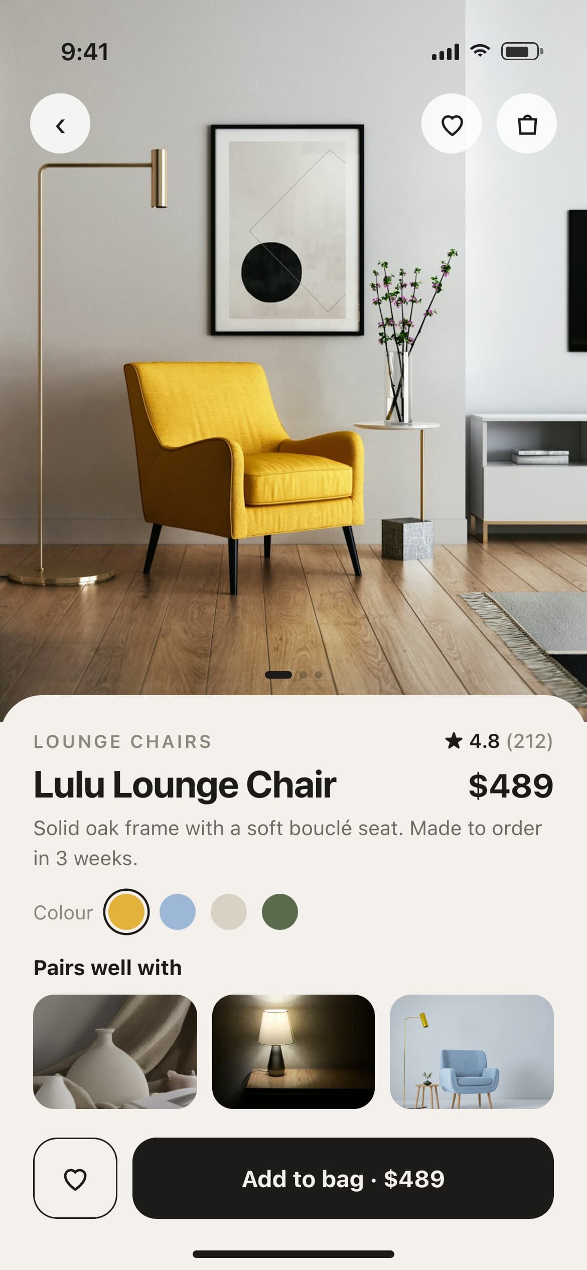Home decor shopping app screen with a lounge chair