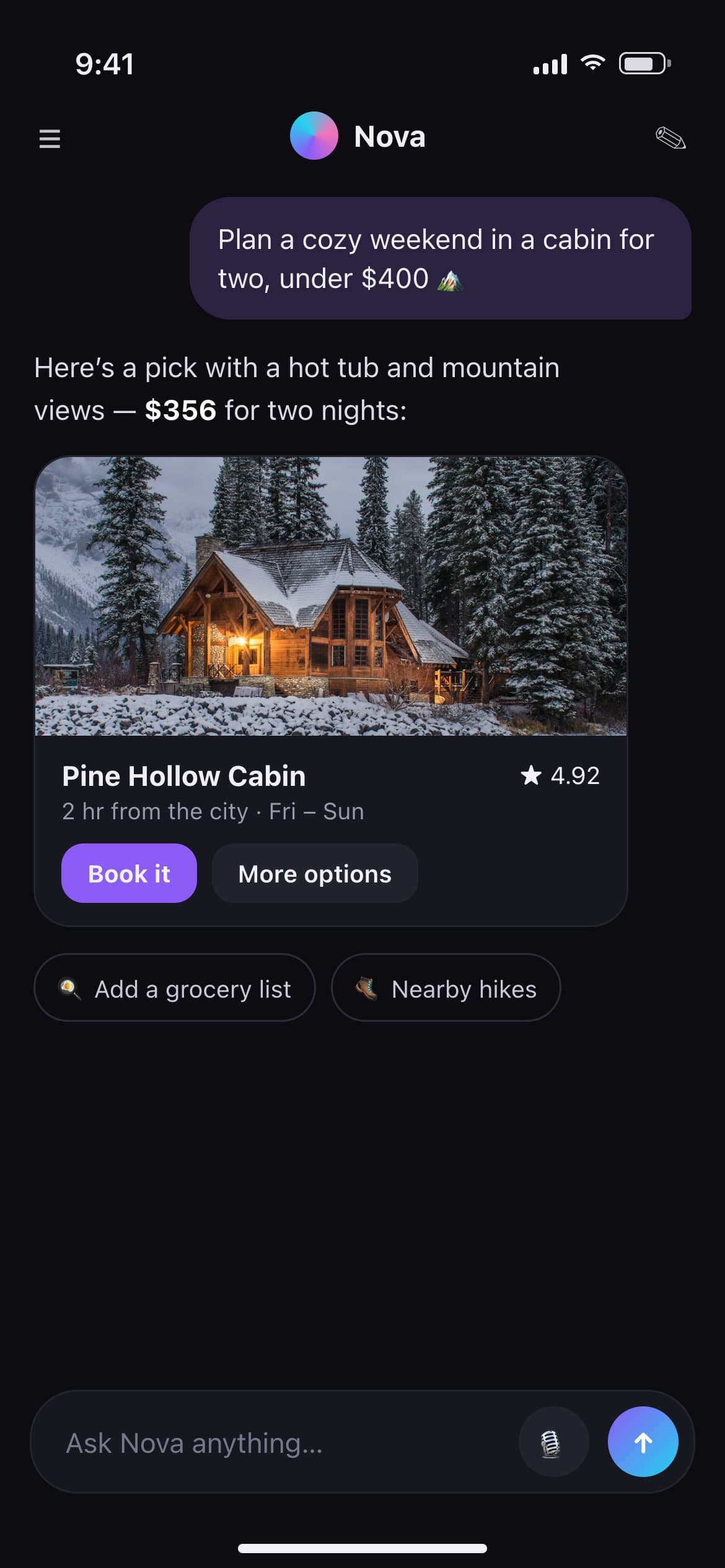 AI assistant chat app screen planning a weekend