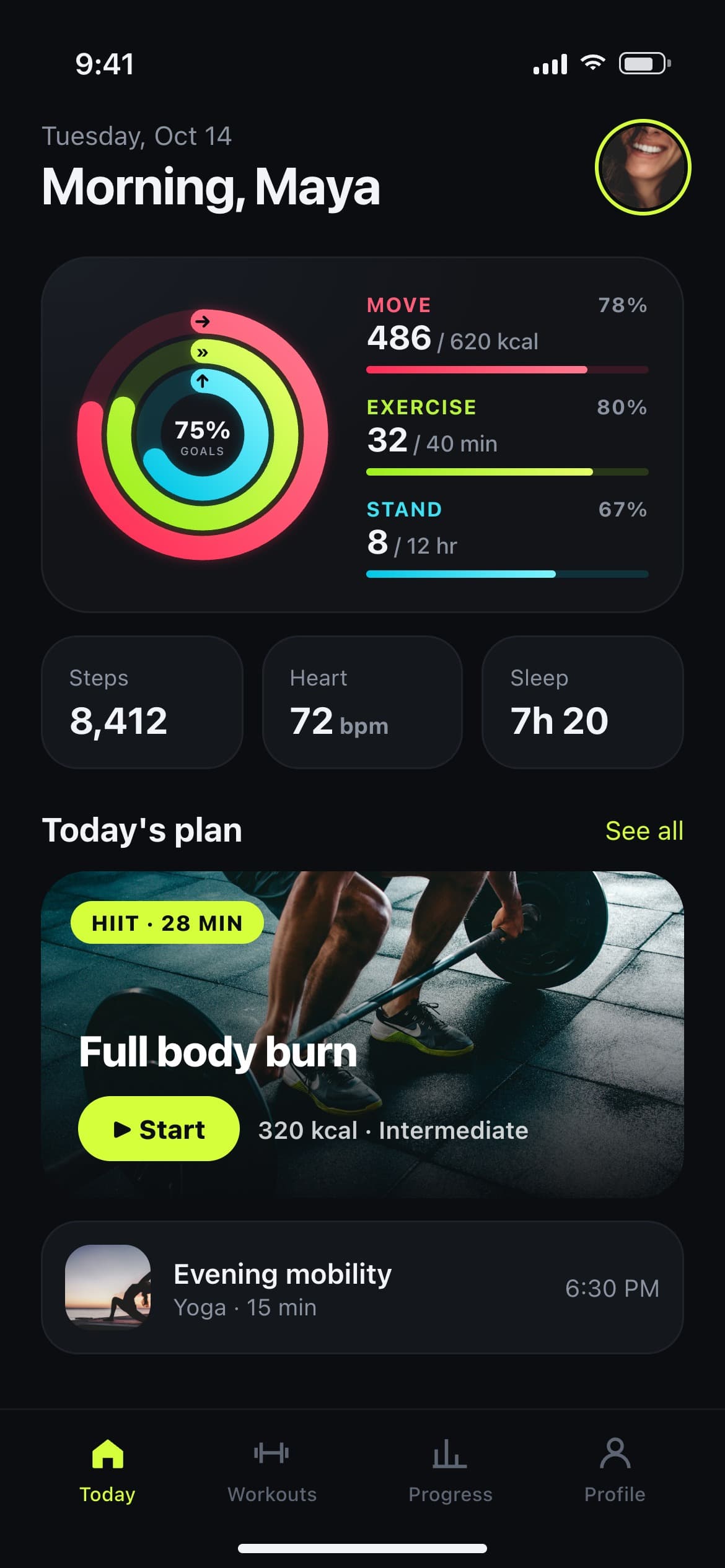 Fitness tracker app screen with activity rings