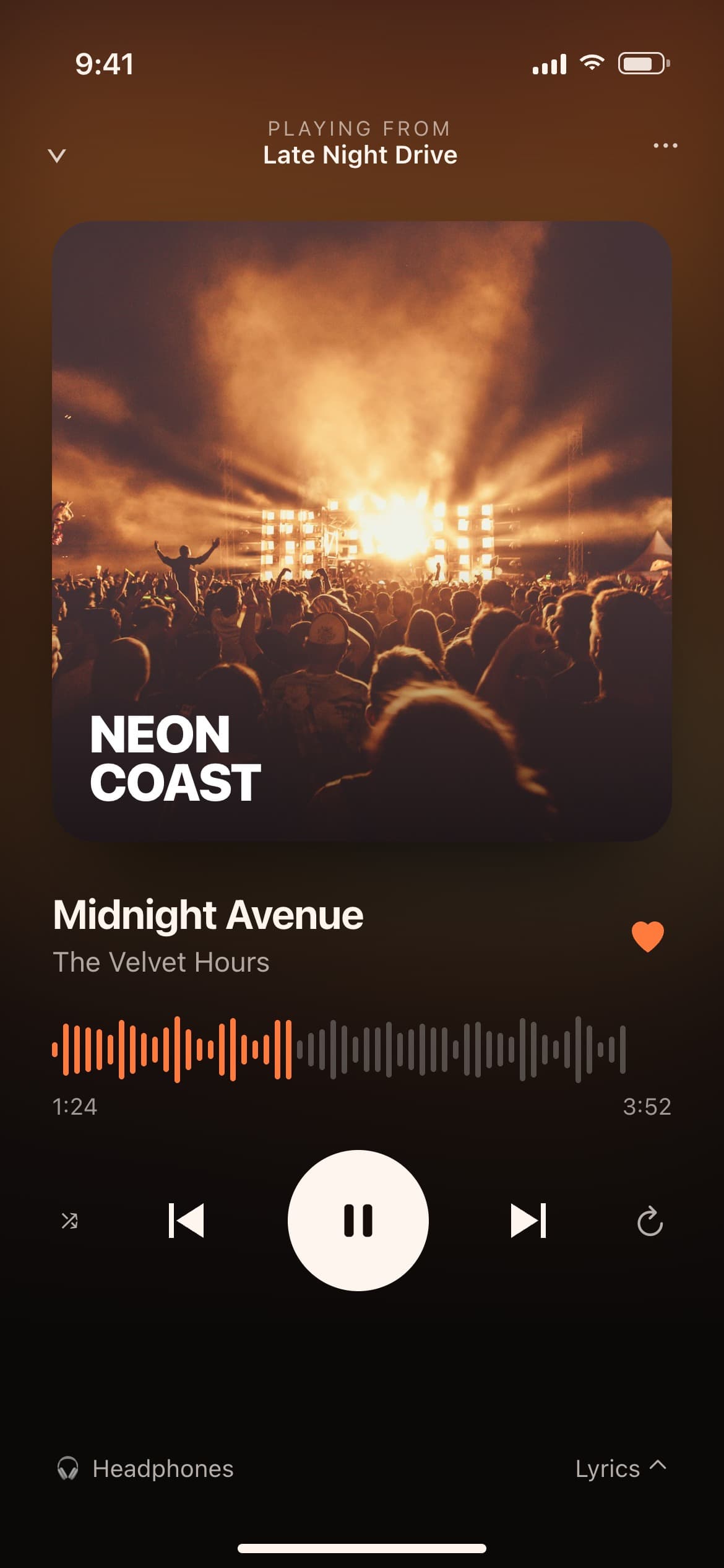 Music player app screen with album art and waveform