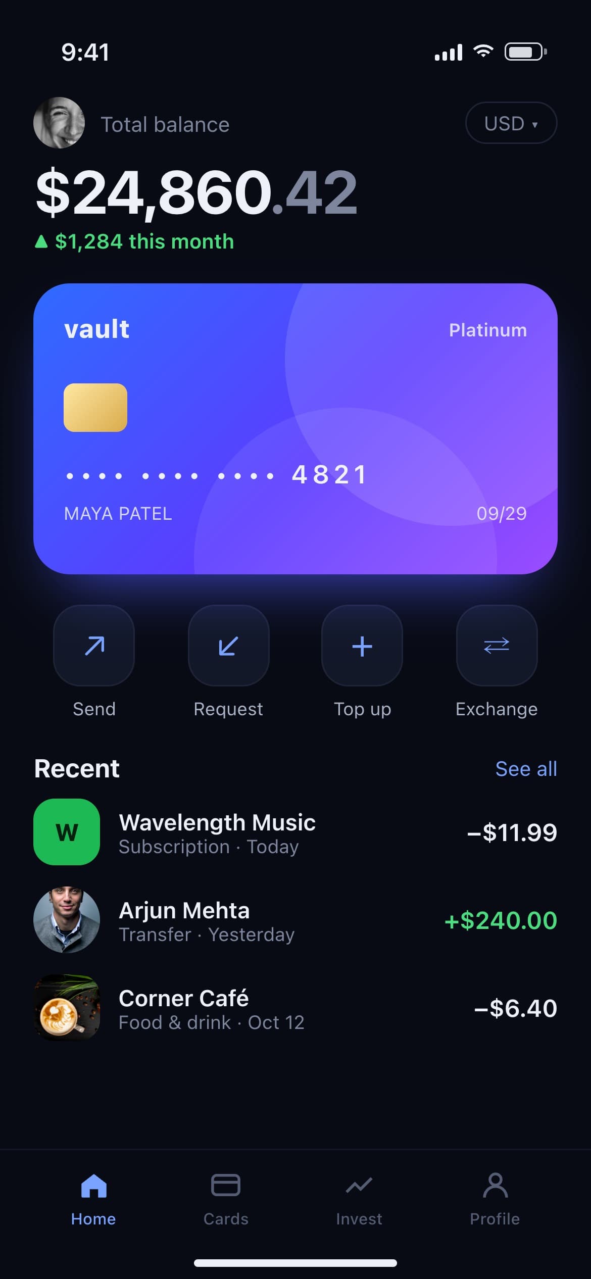 Banking app screen with balance, card and transactions