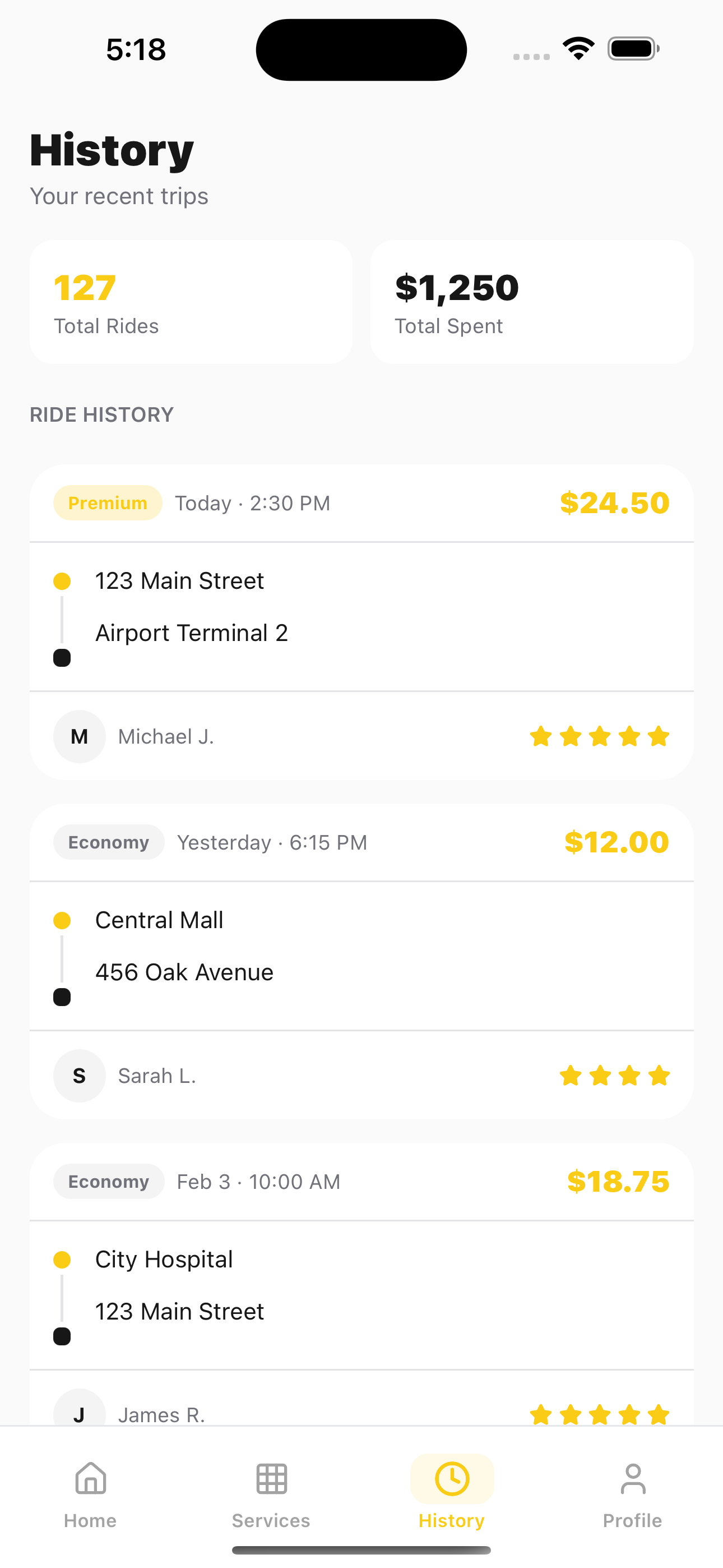 History screenshot of Taxi Booking App