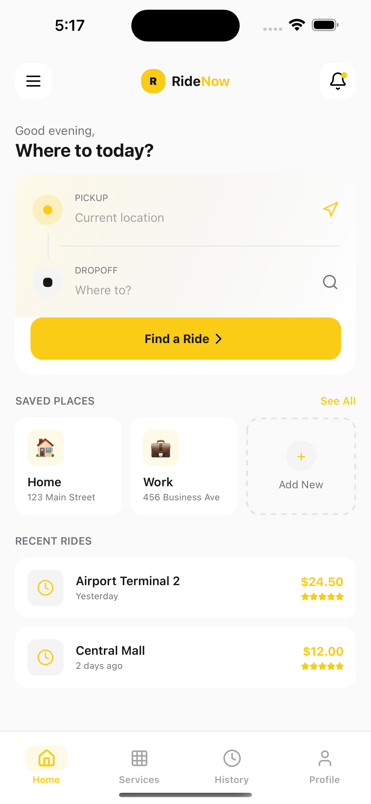 Home screenshot of Taxi Booking App