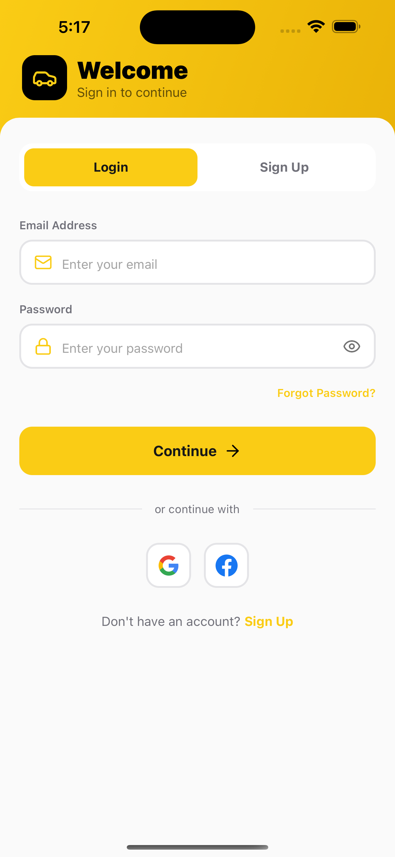 Login screenshot of Taxi Booking App