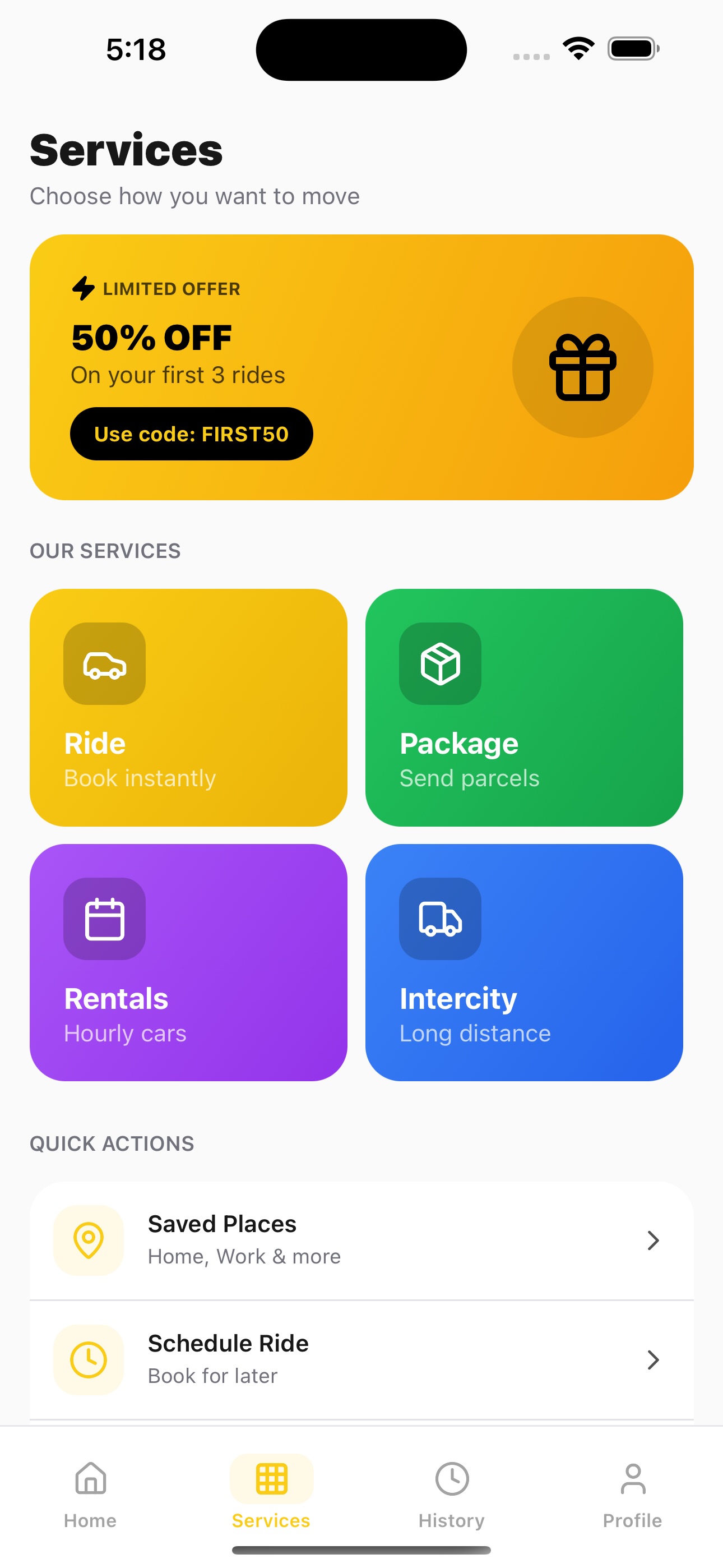 Services screenshot of Taxi Booking App