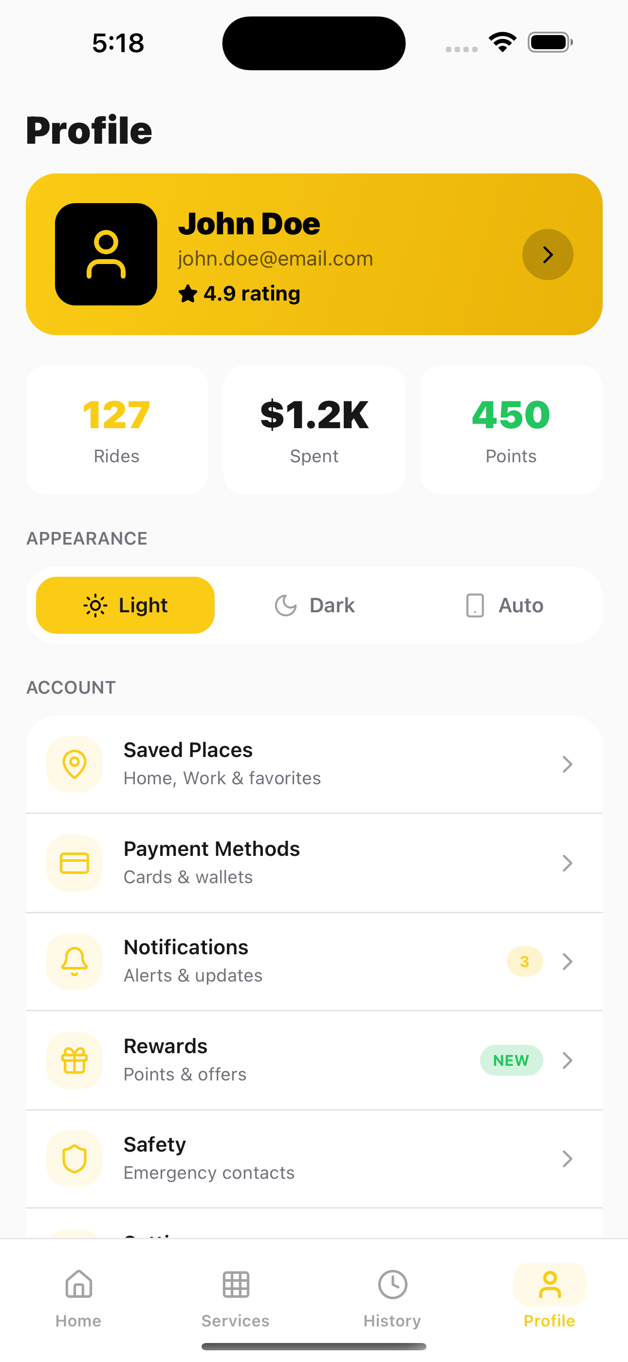 Settings screenshot of Taxi Booking App