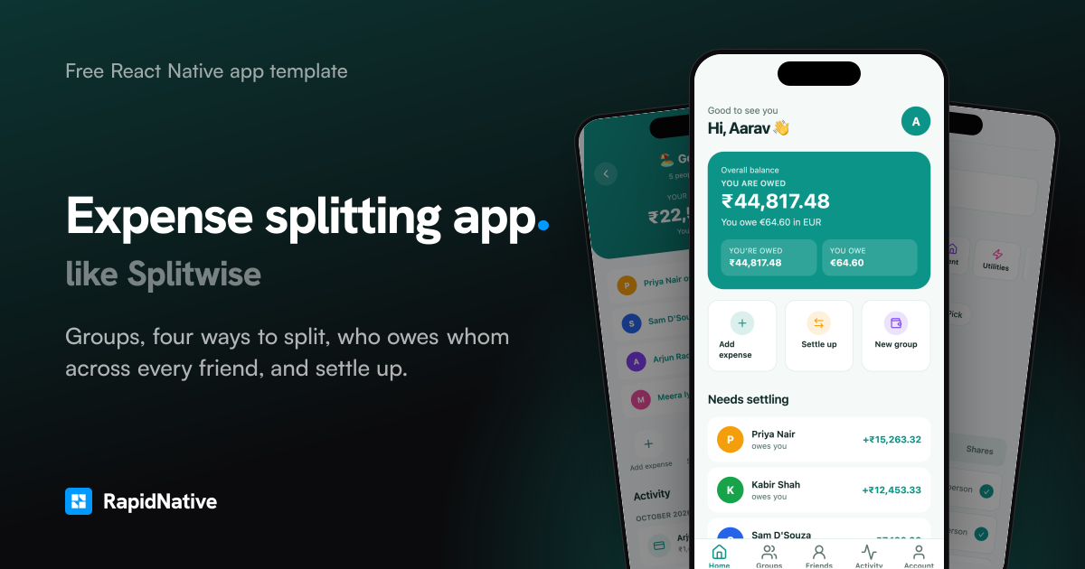 Expense splitting app template like Splitwise with groups, balances and settle up