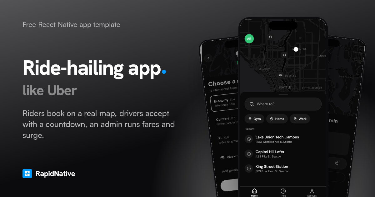 Ride-hailing app template like Uber: a React Native app with a live map, upfront fares and a driver side